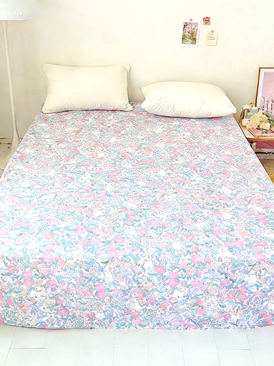 Floral and Bunny Printed 100% Cotton Bed Sheet
