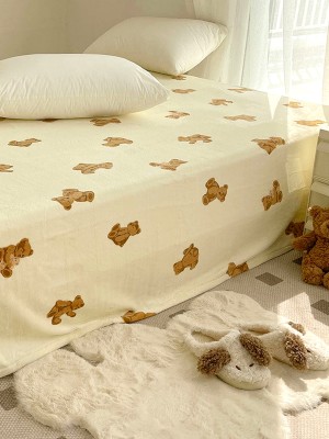 Cute Bear Cream Fleece Bed Sheet